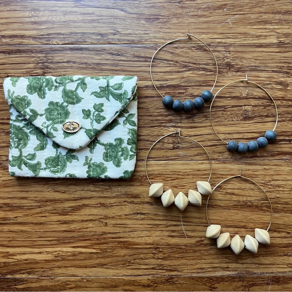 Two pairs of Natalie Borton Sydney Wire Hoop Earrings with Wood Beads